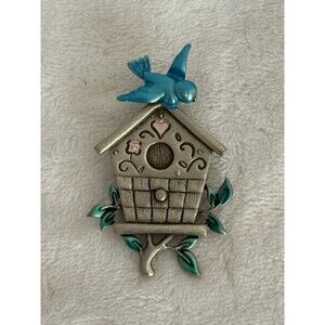Vintage JONETTE JEWELRY (JJ) Pewter-Tone Birdhouse Brooch/Pin